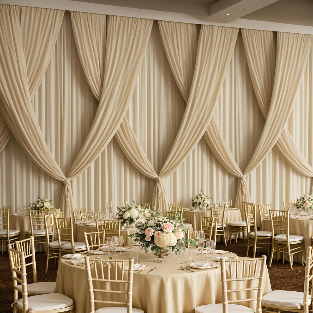 PartyVillage 50ft×15ft Beige Backdrop Curtain for Wedding Parties, 10 Panels Wrinkle Free 15 FT