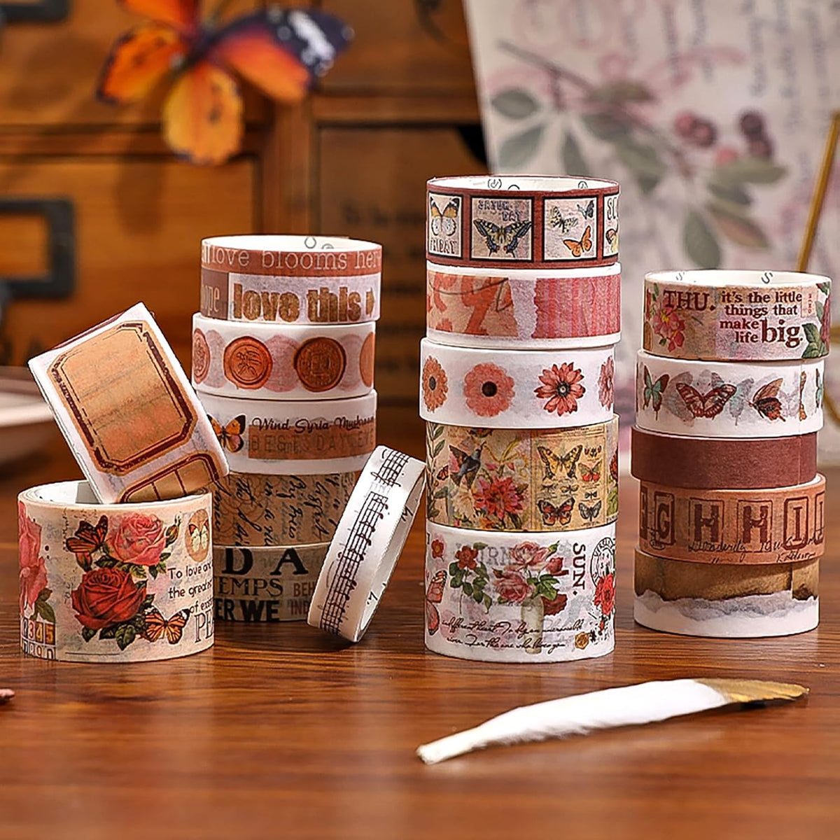 18 Rolls Washi Tape Set for Crafts and Journaling DIY Vintage Floral Tape Scrapbooking Supplies