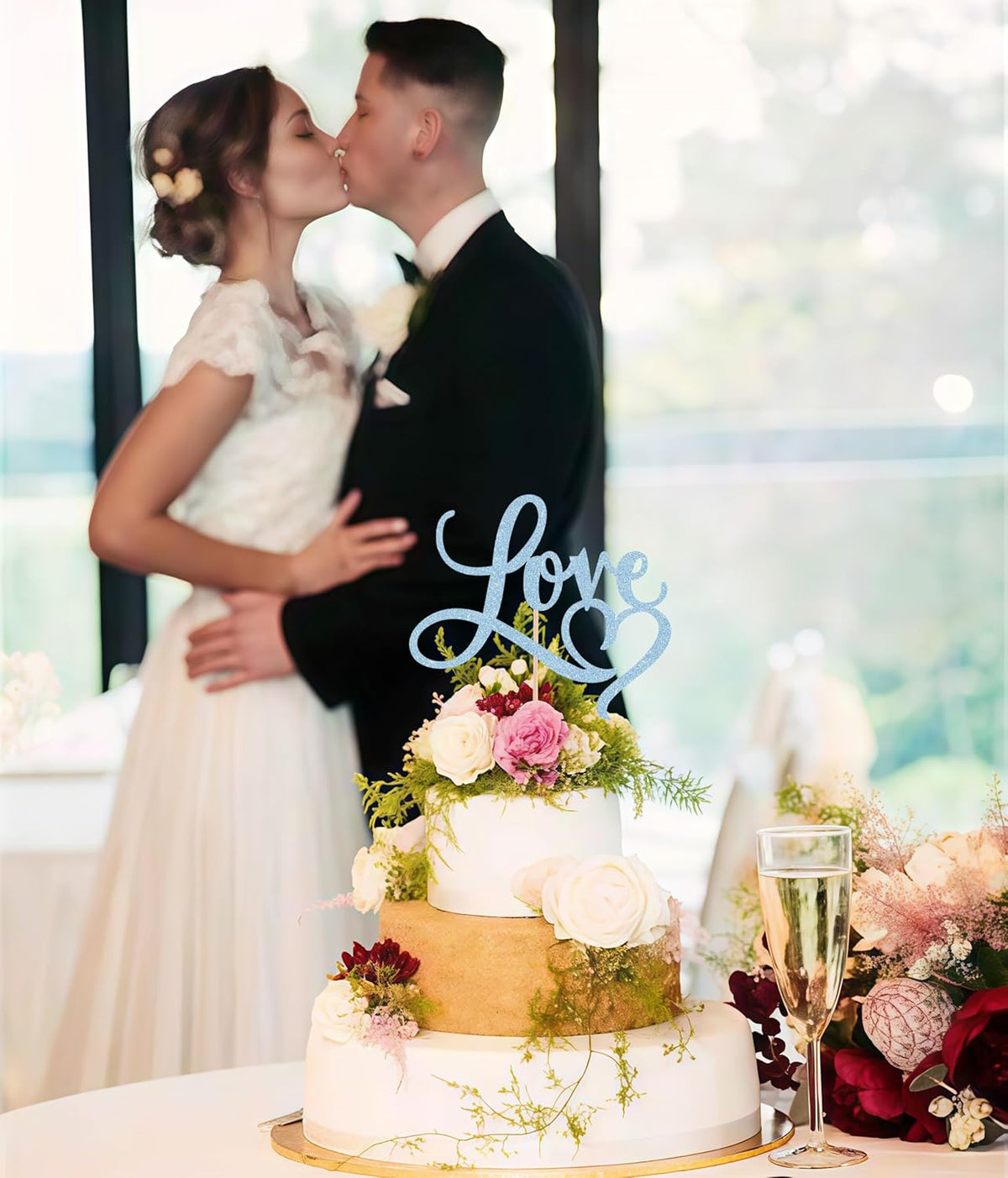 Love Cake Topper - Light Blue Glitter Paper Wedding Cake Decoration Supplies, Perfect for Bridal