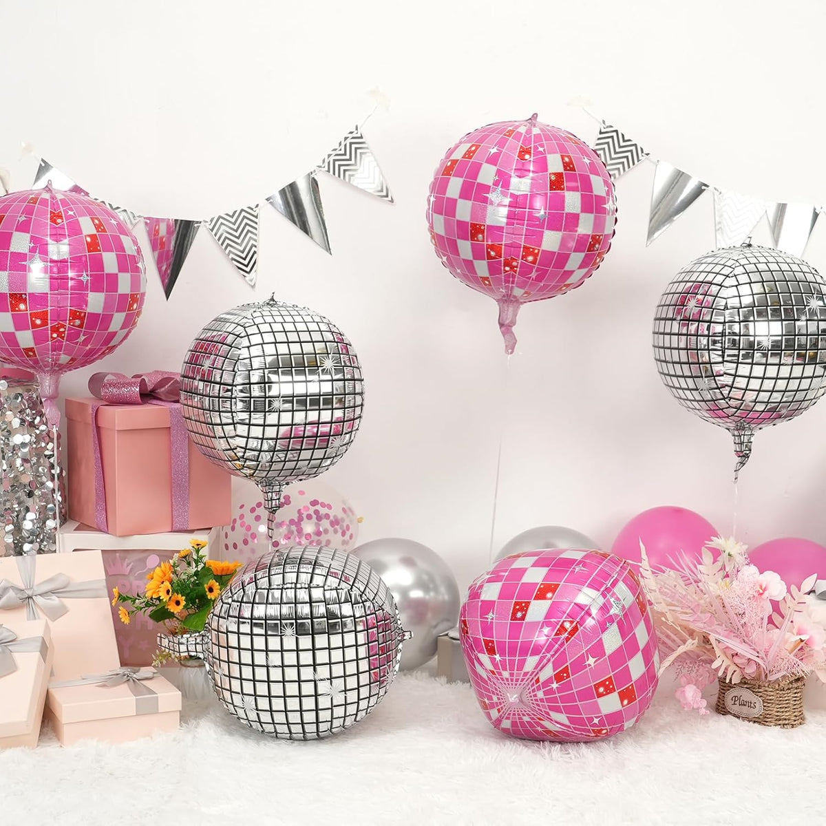 Disco Ball Balloons Pink Silver 4PC,Foil Disco Balloons 22 Inch 4D Round Pink Silver Balloon for
