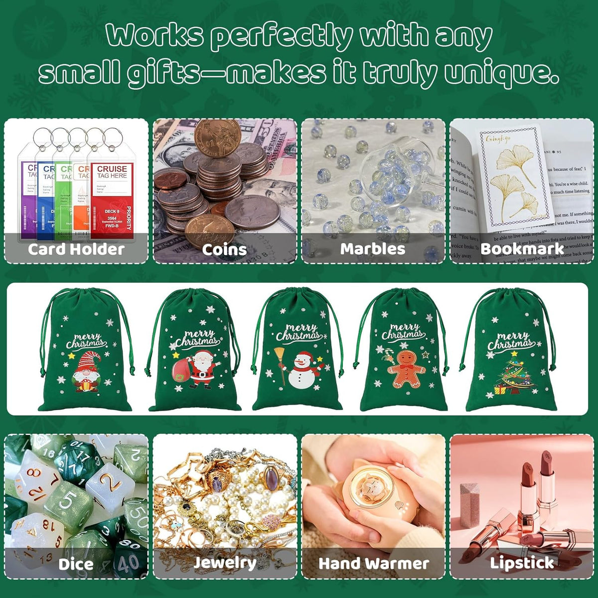 Tapleap Coth Christmas Bags with Drawstring - 50Pcs 4x6 Green Velvet for Wrapping Christmas Party