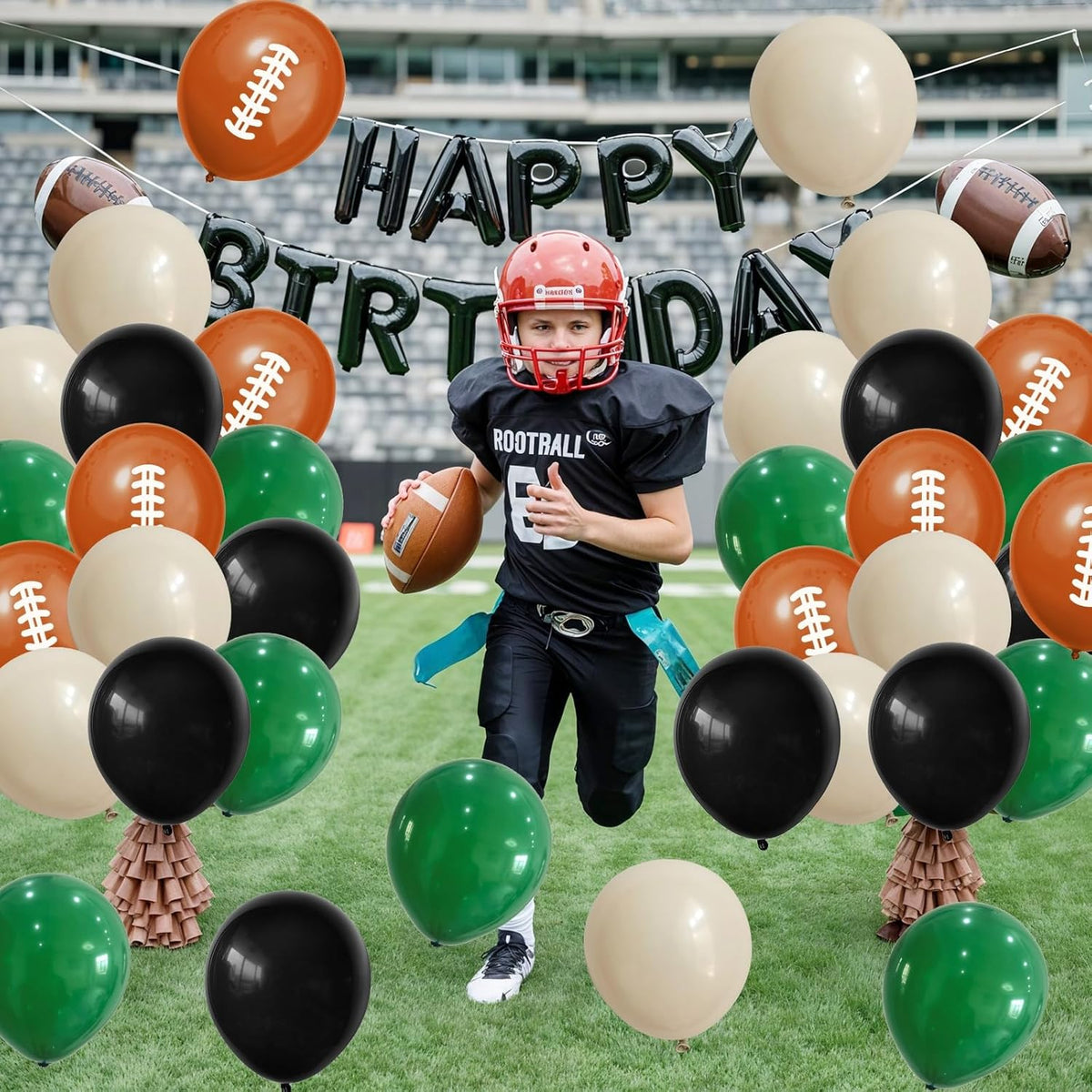 Football Balloons, 12 Inch Dark Green Black White Sand with Brown Printed Sports Latex Balloon for