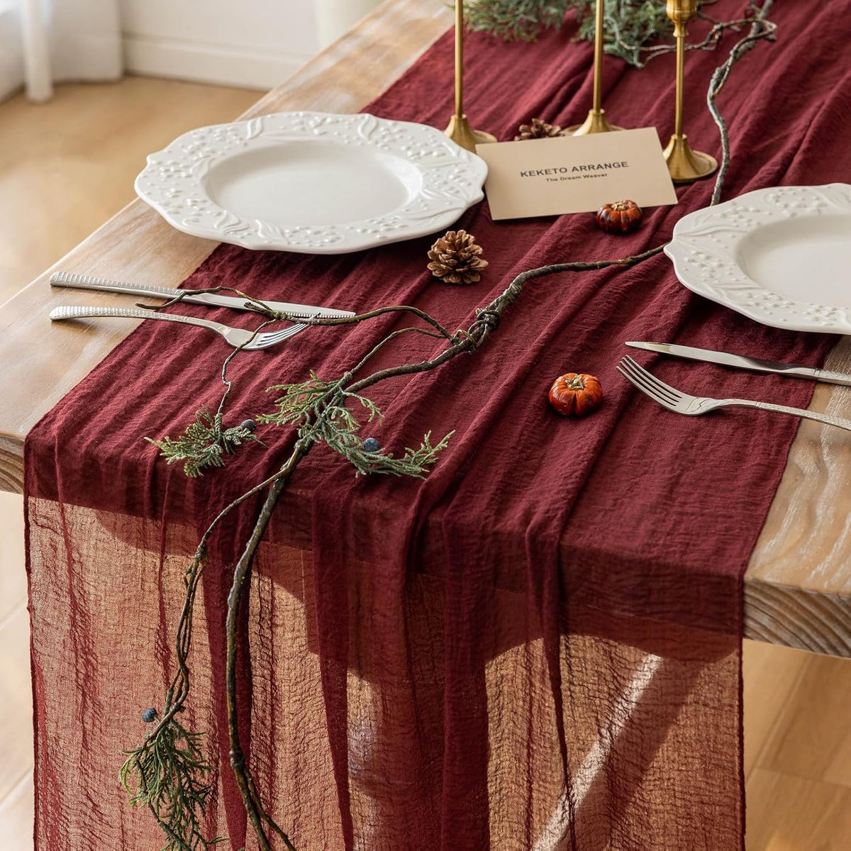 3pcs Burgundy Cheesecloth Table Runner Gauze 120 Inch 10 FT Rustic Boho Cheese Cloth Runner for