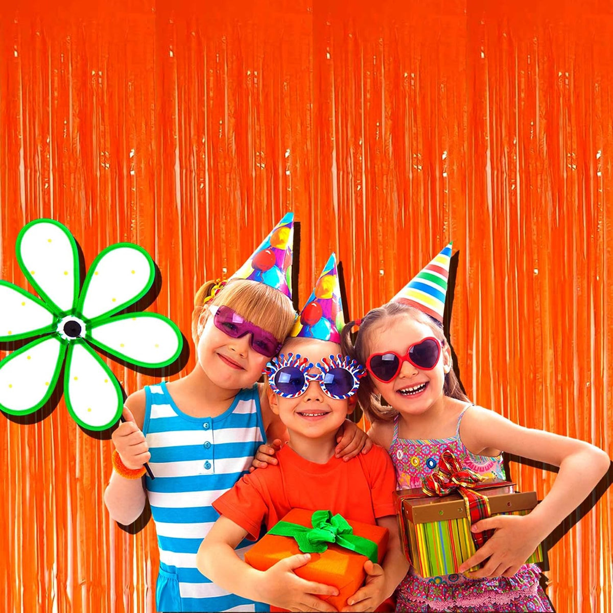 4 Pack Orange Foil Fringe Curtain Backdrop, 3.3Ft x 9.8Ft Metallic Tinsel Streamers Curtains Photo