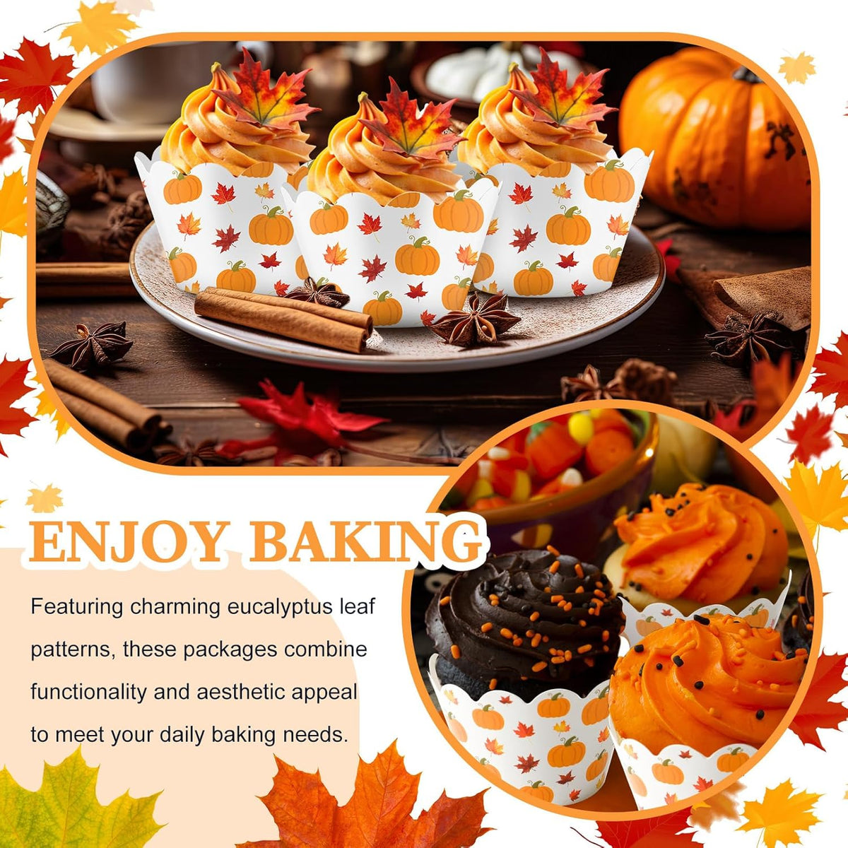 Domensi 100 Pcs Fall Pumpkin Maple Leaf Cupcake Wrappers Rustic Cupcake Liners Thanksgiving Baking