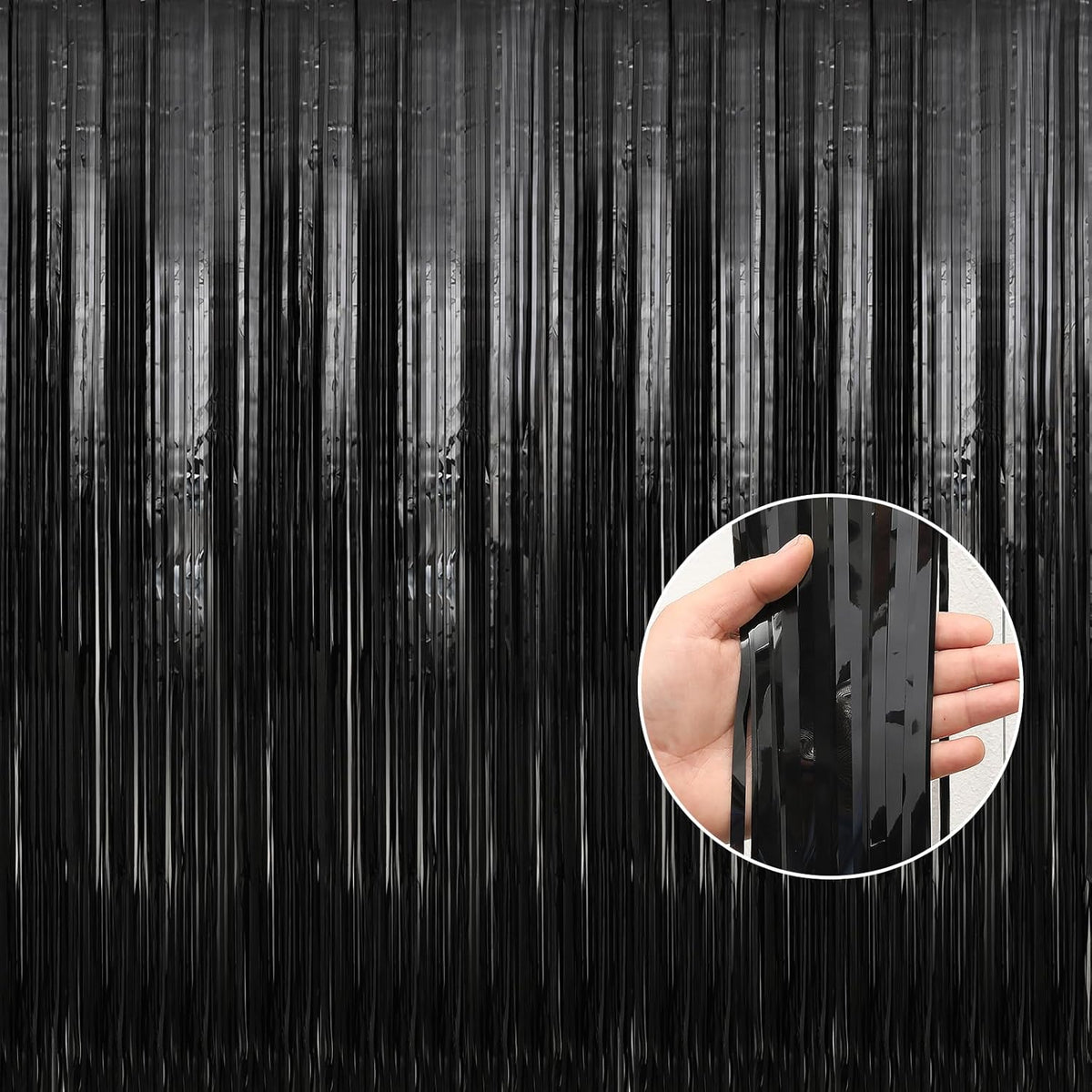 Crosize 4 Pack 3.3 x 9.9 ft Black Foil Fringe Backdrop Curtain, Streamer Backdrop Curtains