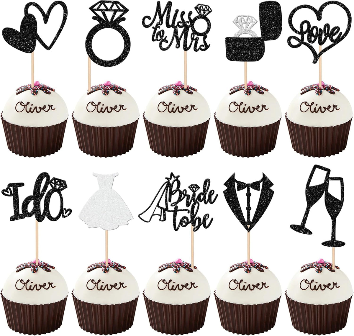 30 PCS Bride to Be Cupcake Toppers Glitter Miss to Mrs I Do Love Heart Ring Cupcake Picks Wedding