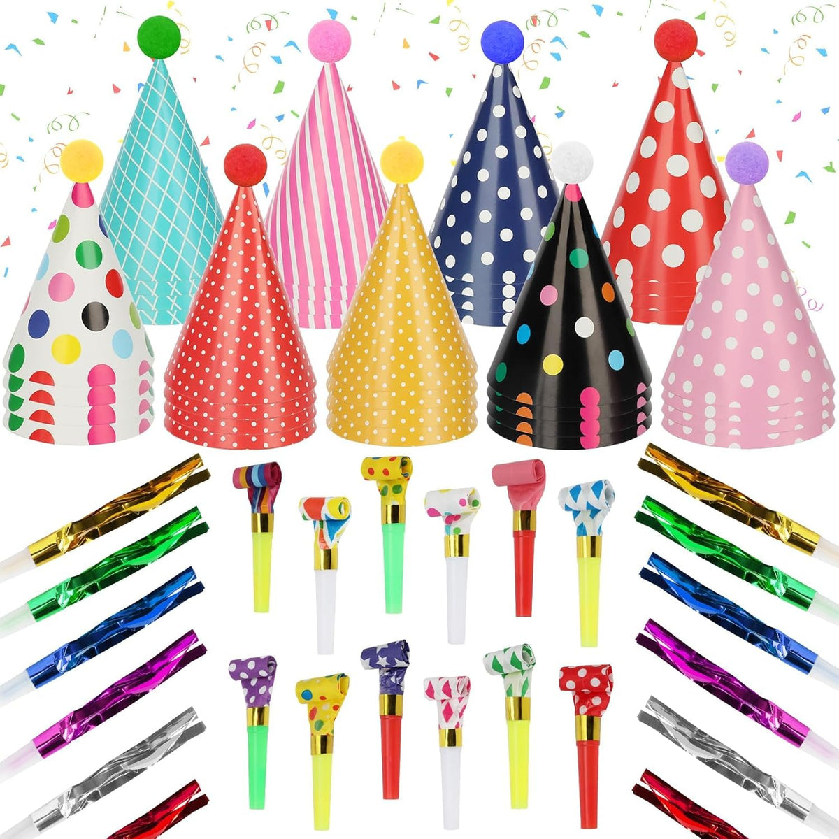 116 PCS Birthday Party Cone Hats Assorted Colors Cone Paper Hat with Colorful Blowers and Metallic