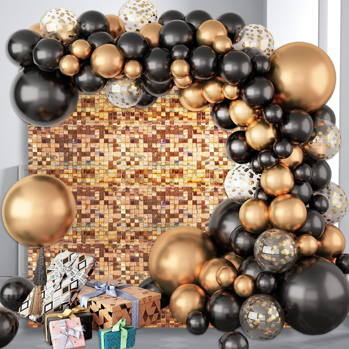 24PCS Champagne Shimmer Wall Backdrop, Laser Square Sequin Photo Backdrops Panel, Glitter Wall