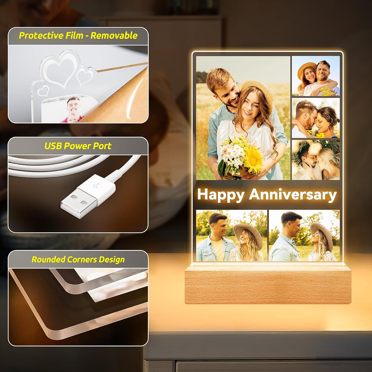 Custom Picture Frames with Photos, Personalized Photo Frame with Night Light, Customized Gifts for
