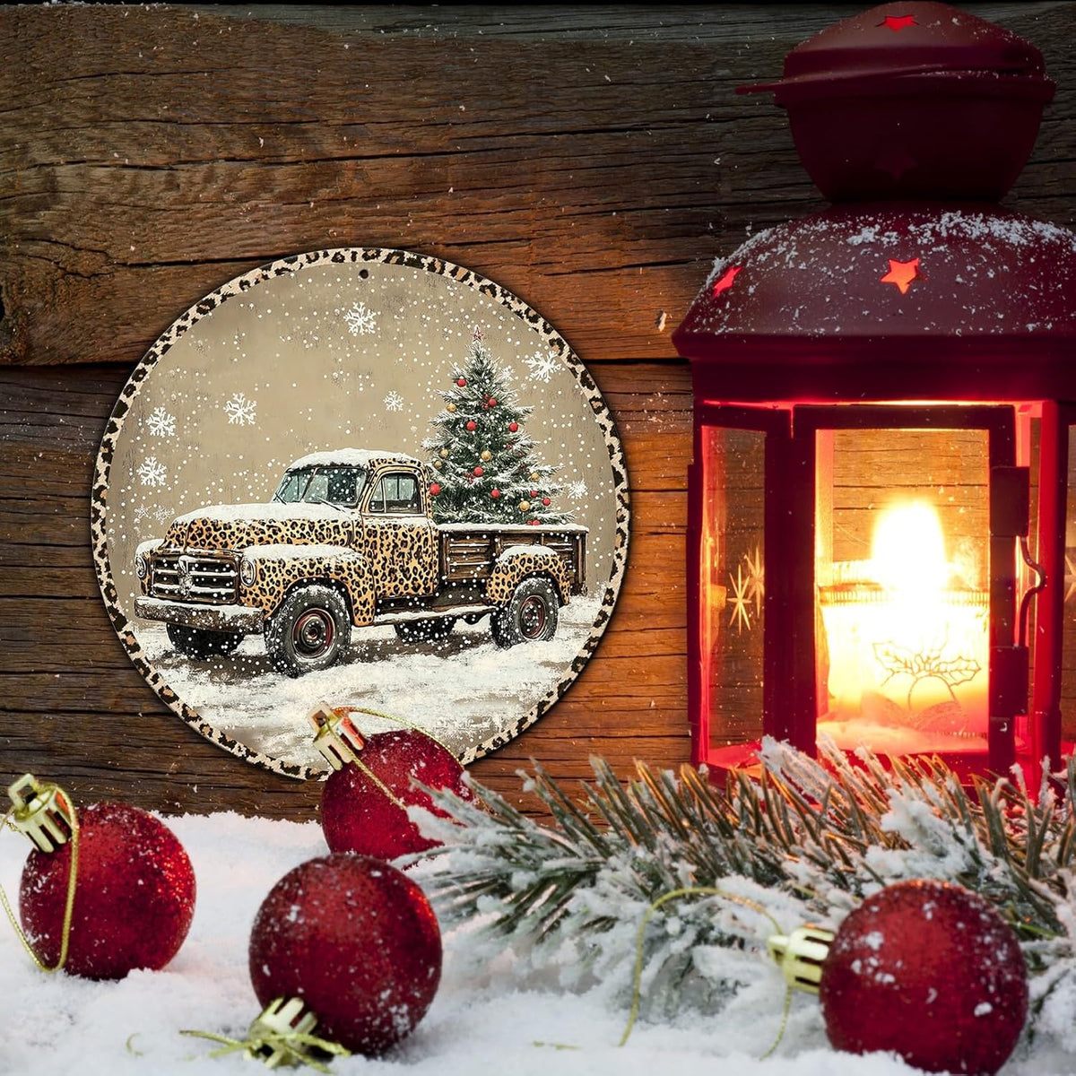 Round Leopard Truck Metal Tin Sign Rustic Wall Decor Christmas Wreath Sign Christmas Wreath Door