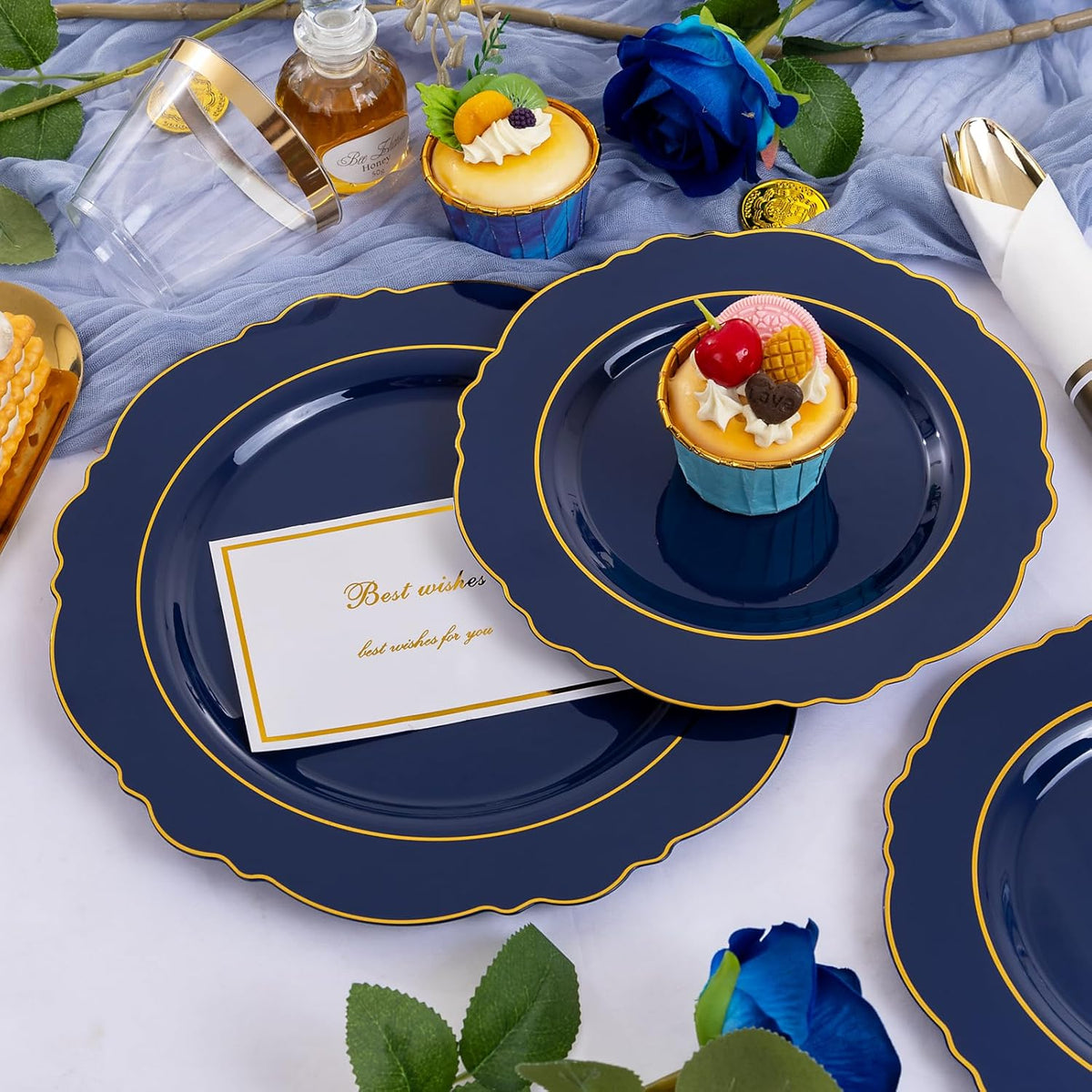 Liacere 350PCS Navy Blue Plastic Plates-Disposable Blue Gold Plates 50guest Plastic Dinnerware
