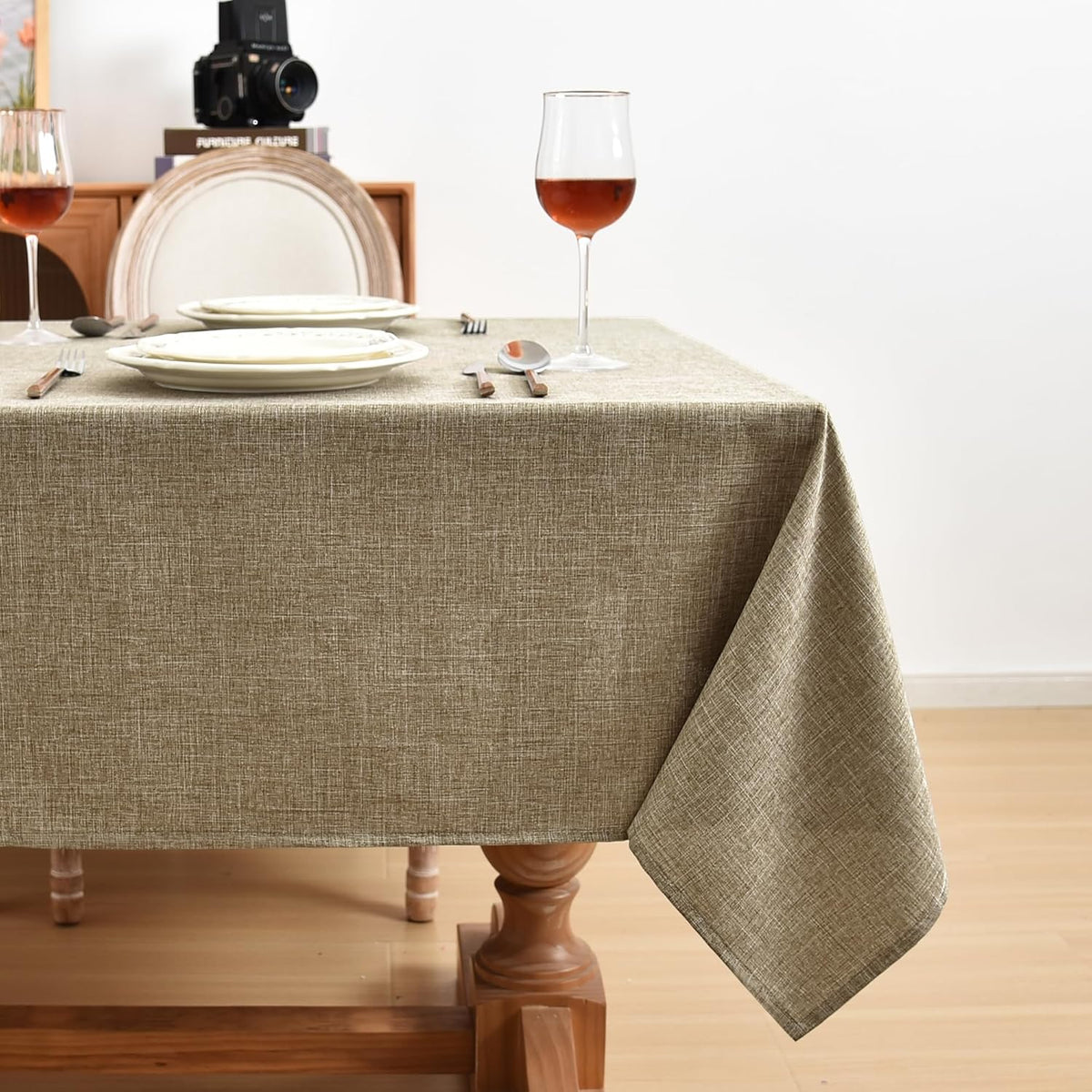 Fitable Faux Linen Table Clothes 60 x 84 Inch - 2 Pack Khaki Tablecloths for Rectangle Tables, Faux