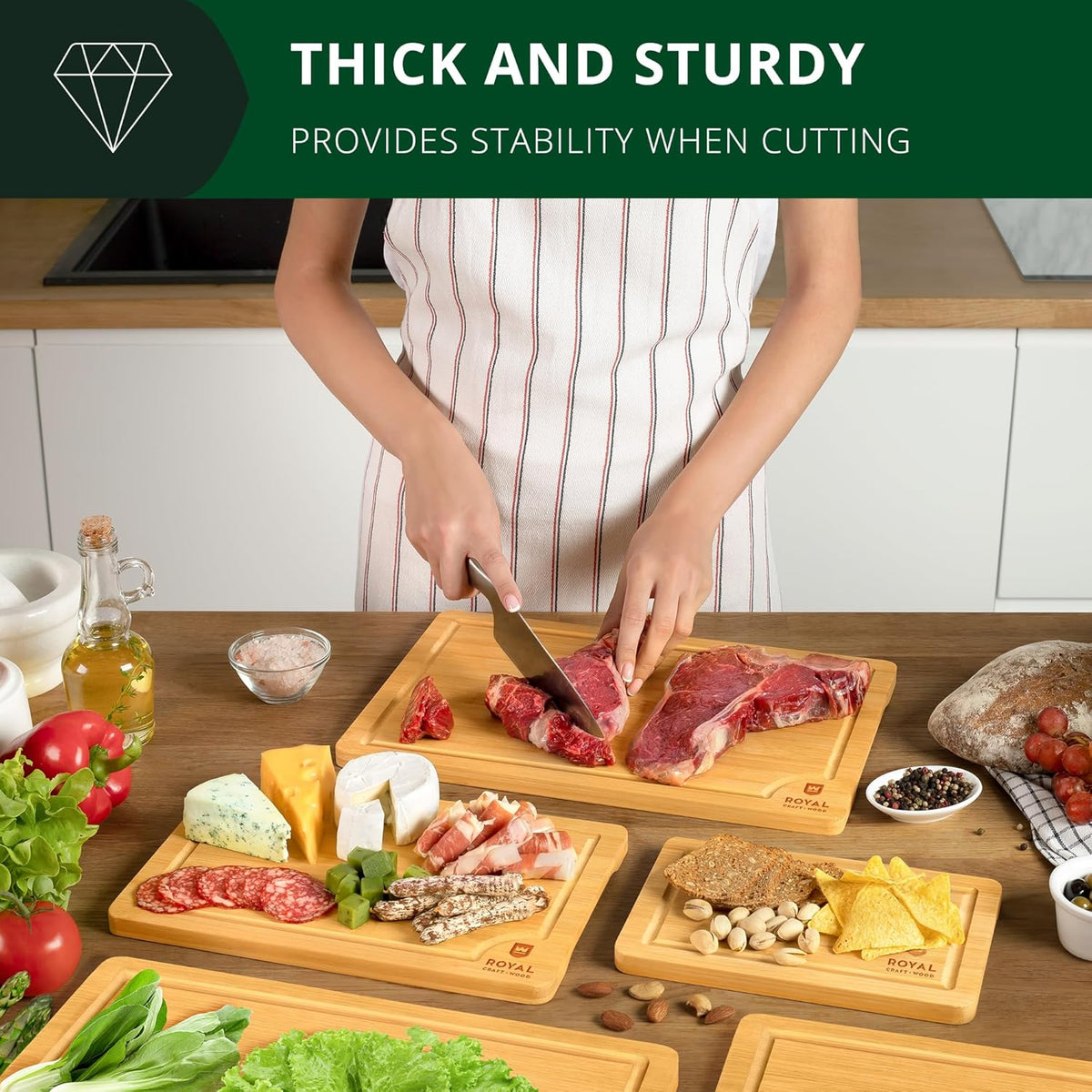 ROYAL CRAFT WOOD Wooden Cutting Boards for Kitchen Meal Prep & Serving - Bamboo Wood Serving Board