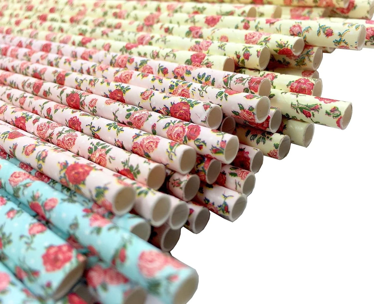 75-Pack Eco-Friendly Biodegradable Paper Straws - Vintage Rose & Floral Design in Pink, Blue