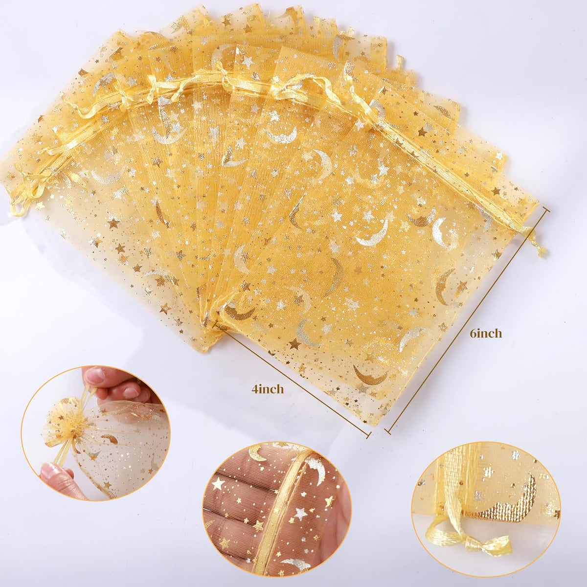 Hopttreely 100 Pieces Moon Star Organza Jewelry Candy Bags, 4x6 Inch Gold Organza Pouch Small Gift