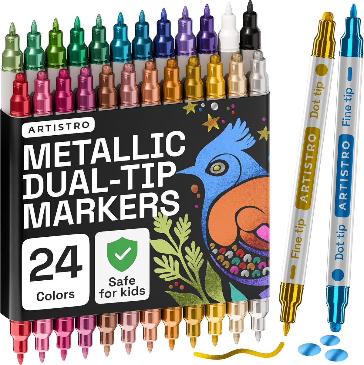 ARTISTRO 24 Metallic Dual-Tip Acrylic Paint Markers for Rock, Canvas, Glass, Wood, & More Fine +