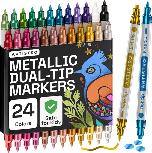 ARTISTRO 24 Metallic Dual-Tip Acrylic Paint Markers for Rock, Canvas, Glass, Wood, & More Fine +