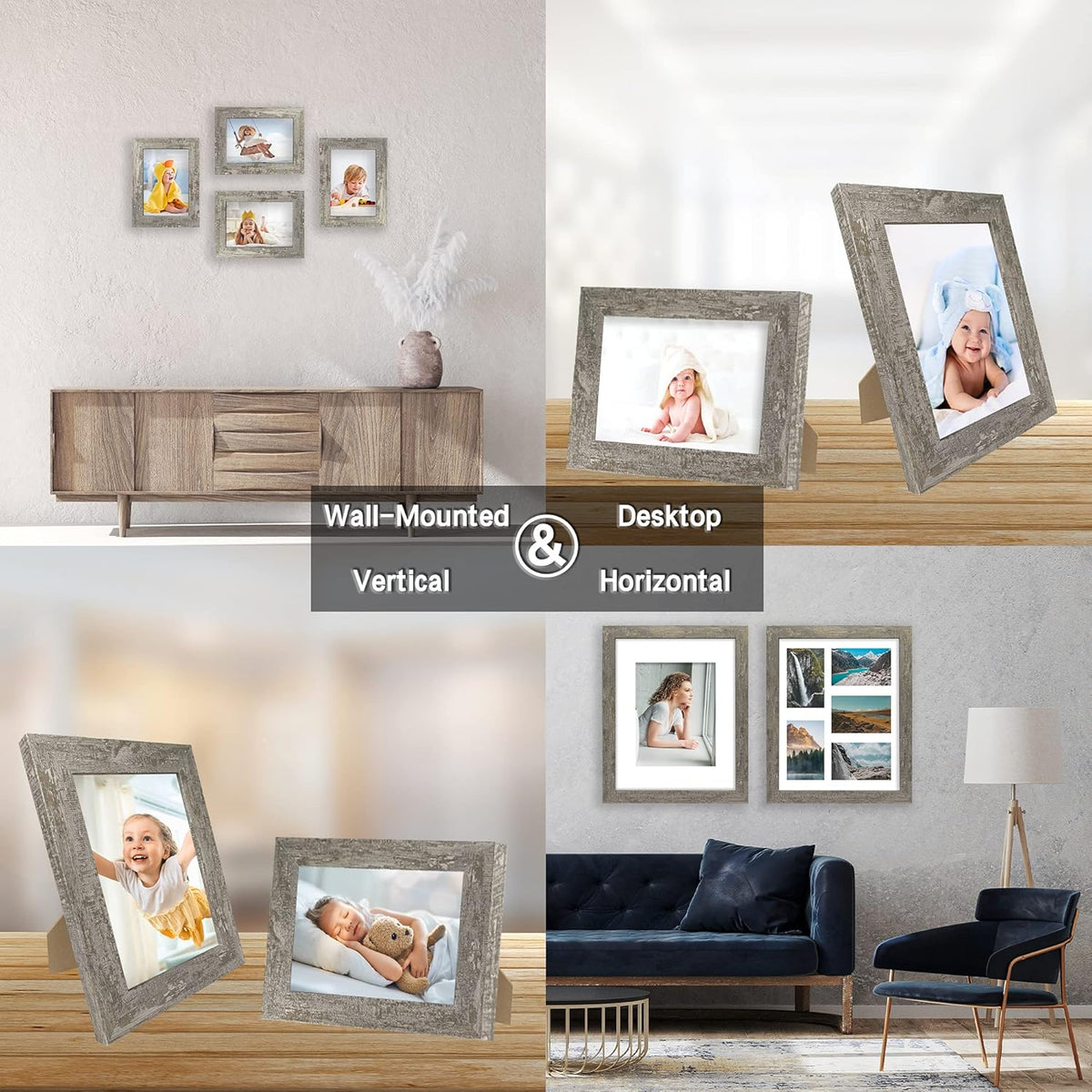 8x10 Picture Frame Set of 4, High Definition Glass Distressed Moss Green Frame, 8 x 10 Wood Photo