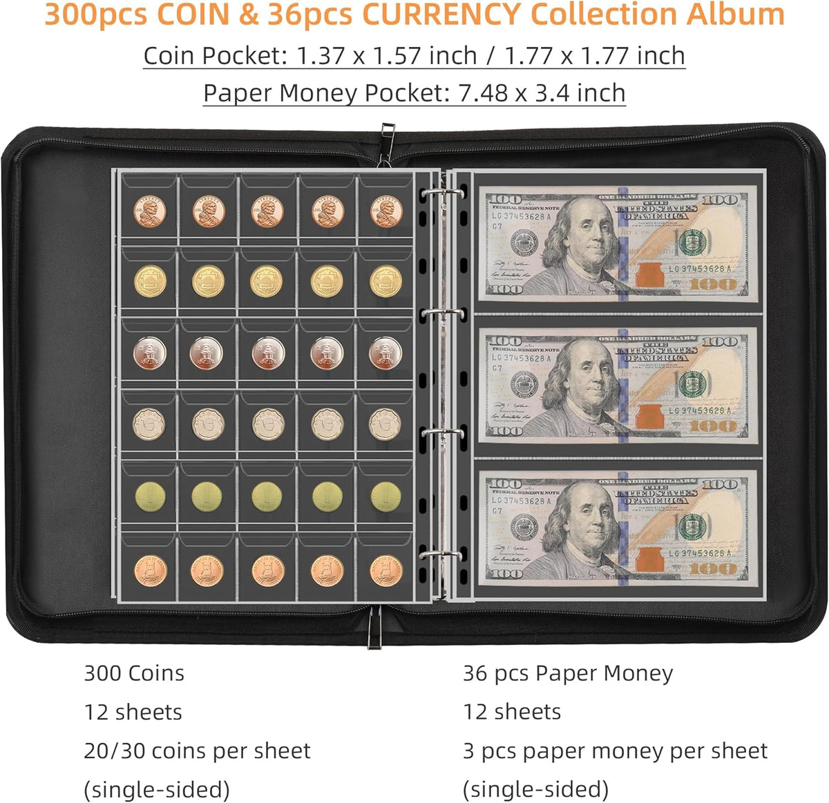 Fireproof Coin Collection Album for Collectors, 300 Pockets Coins Collecting Album & 36 Sleeves