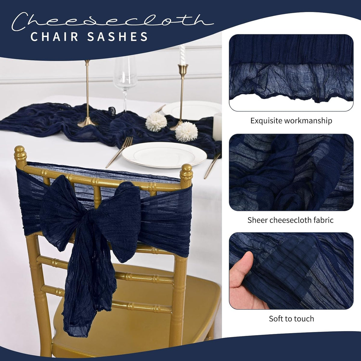 50 PCS Cheesecloth Chair Sashes, Bows Designed ChairSashes, 15.7x70 inch Chair Sashes for Aisle