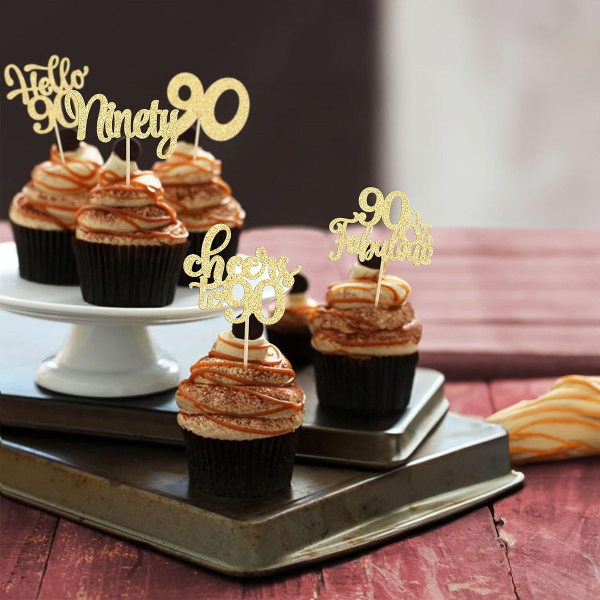 30pcs Happy 90th Birthday Cupcake Toppers - Gold Glitter Ninety Cheers to 90 Years Old Cupcake