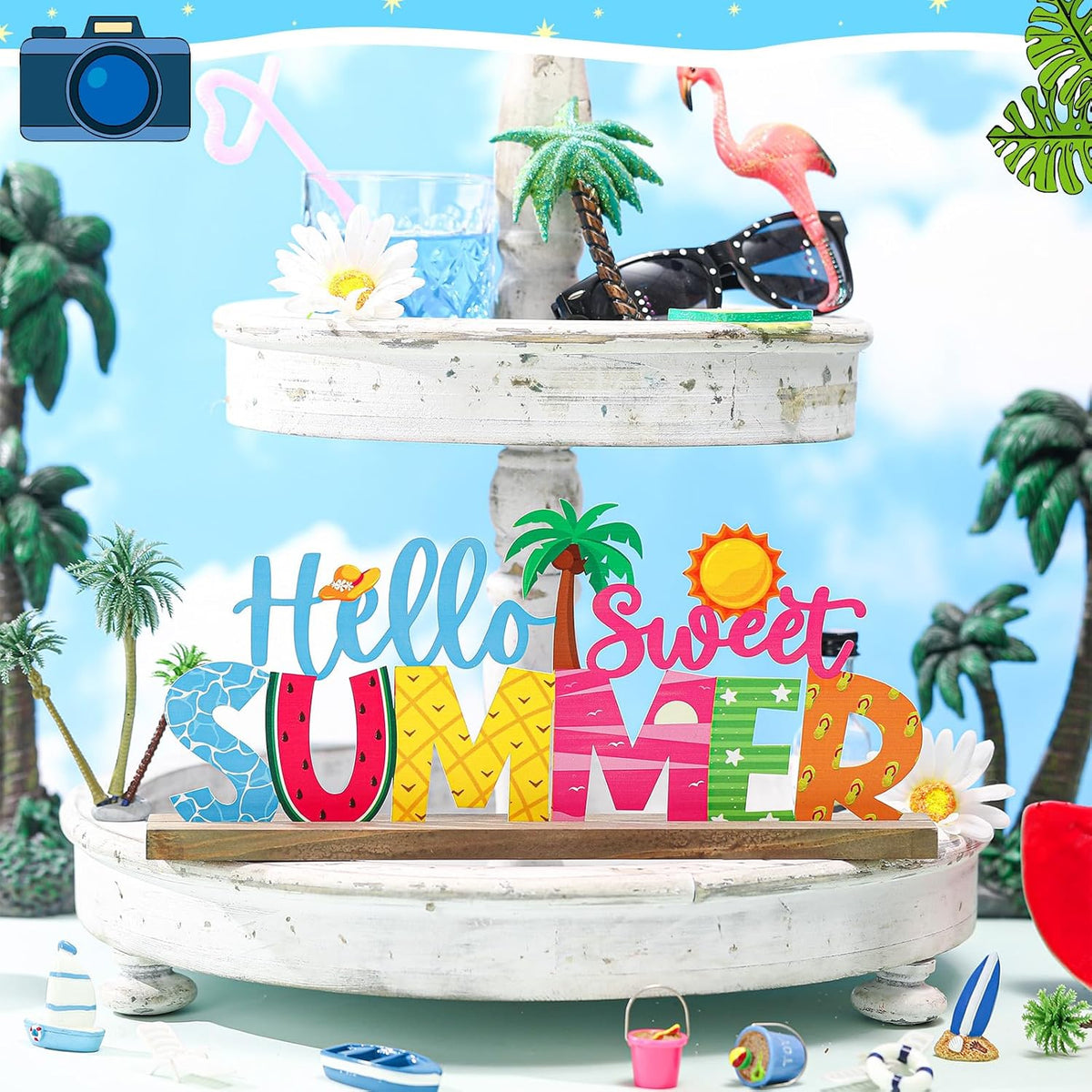 Hello Sweet Summer Metal Sign Rustic Table Decor Holiday Tiered Tray Decor with Wooden Base