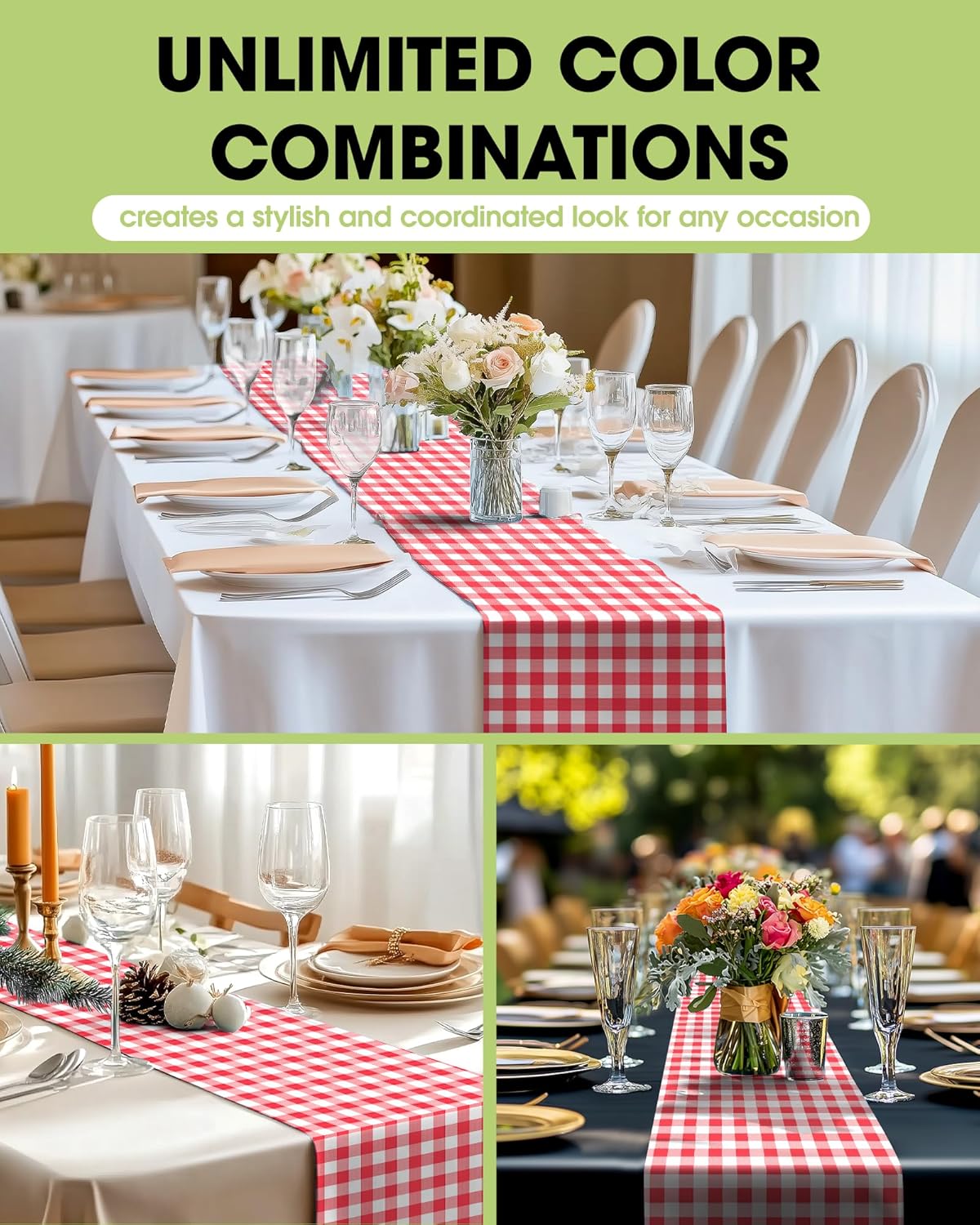 Pureegg Gingham Plastic Table Runners - 10 Pack, 14'' x 108'', Water Resistant & Disposable Plaid