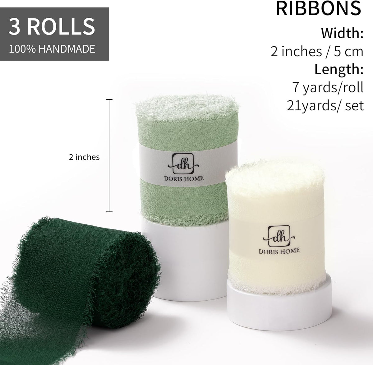 DORIS HOME 2" x21Yd Chiffon Ribbon for Flower Bouquet, Green & Cream Fabric Ribbon for Gift