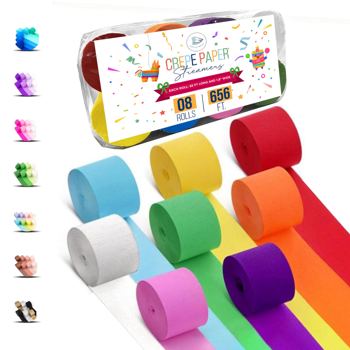 8 Crepe Paper Streamers, 656ft Pack of Rainbow Streamers Party Decorations