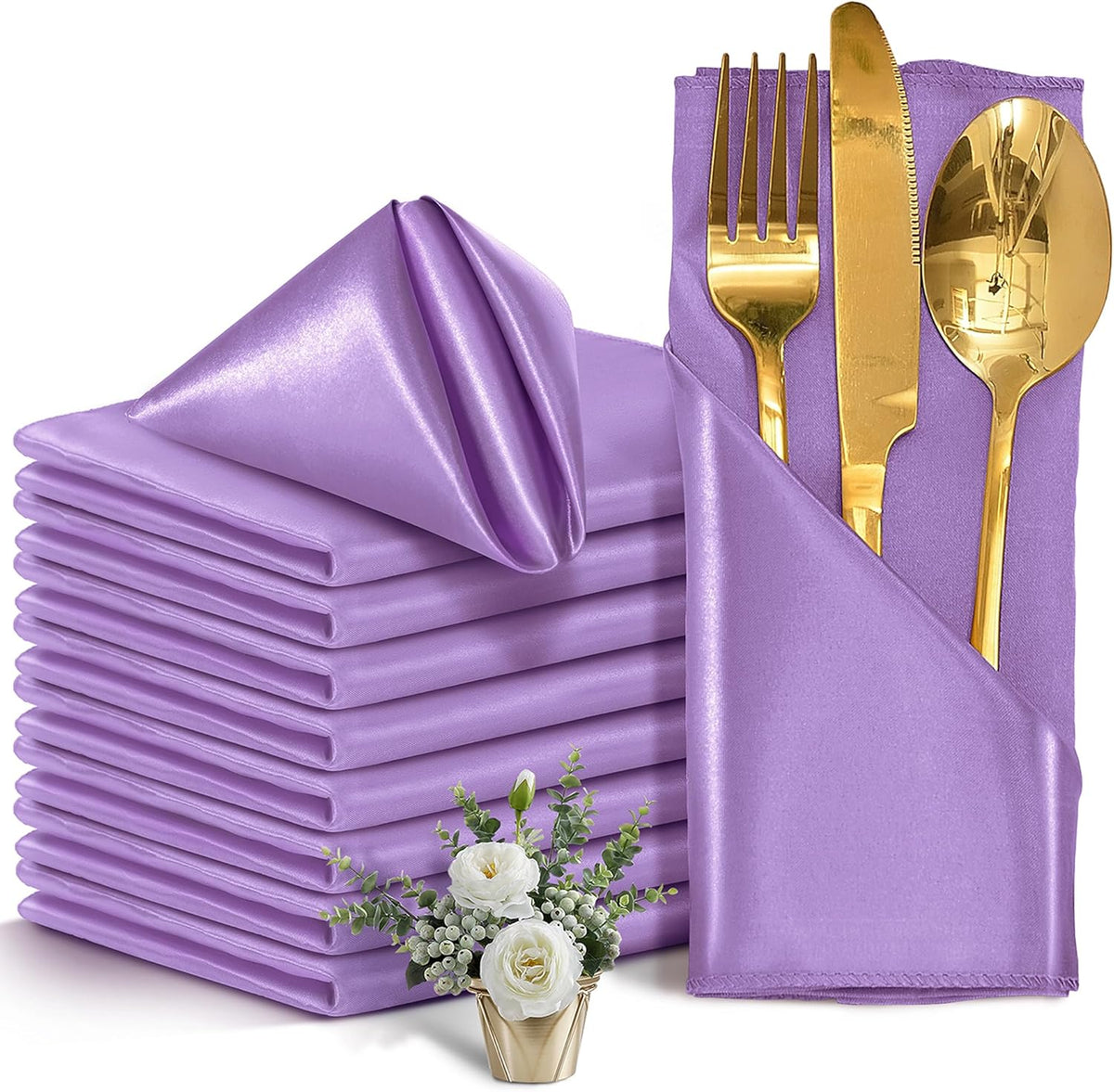50 Pieces Lavender Satin Napkins, 17" x 17" Square Table Napkins, Silky Soft Smooth Washable