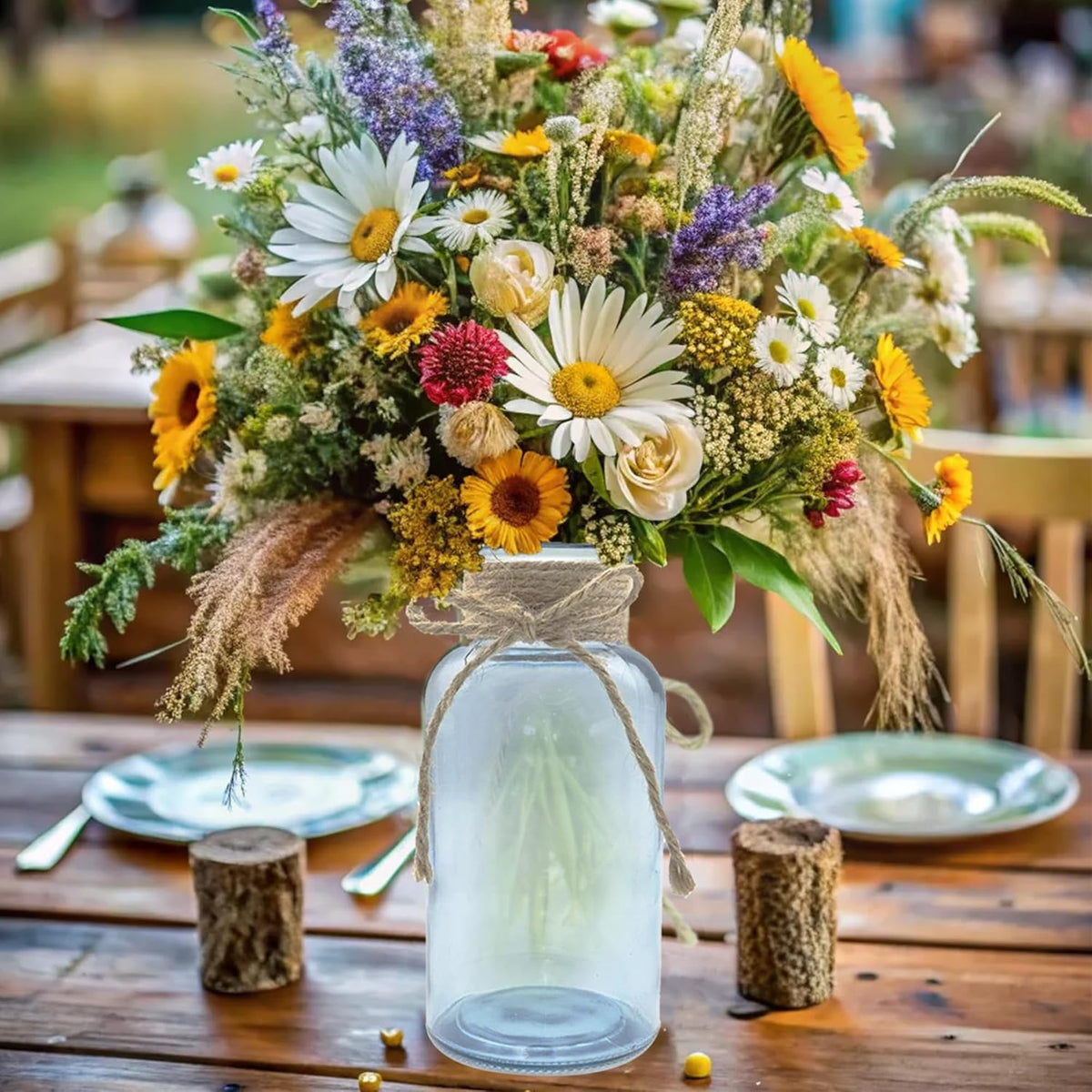 Vintage Glass Flower Vase，6 Pack Blue Farmhouse Glass Centerpiece Vases Mason Jars for Weddings