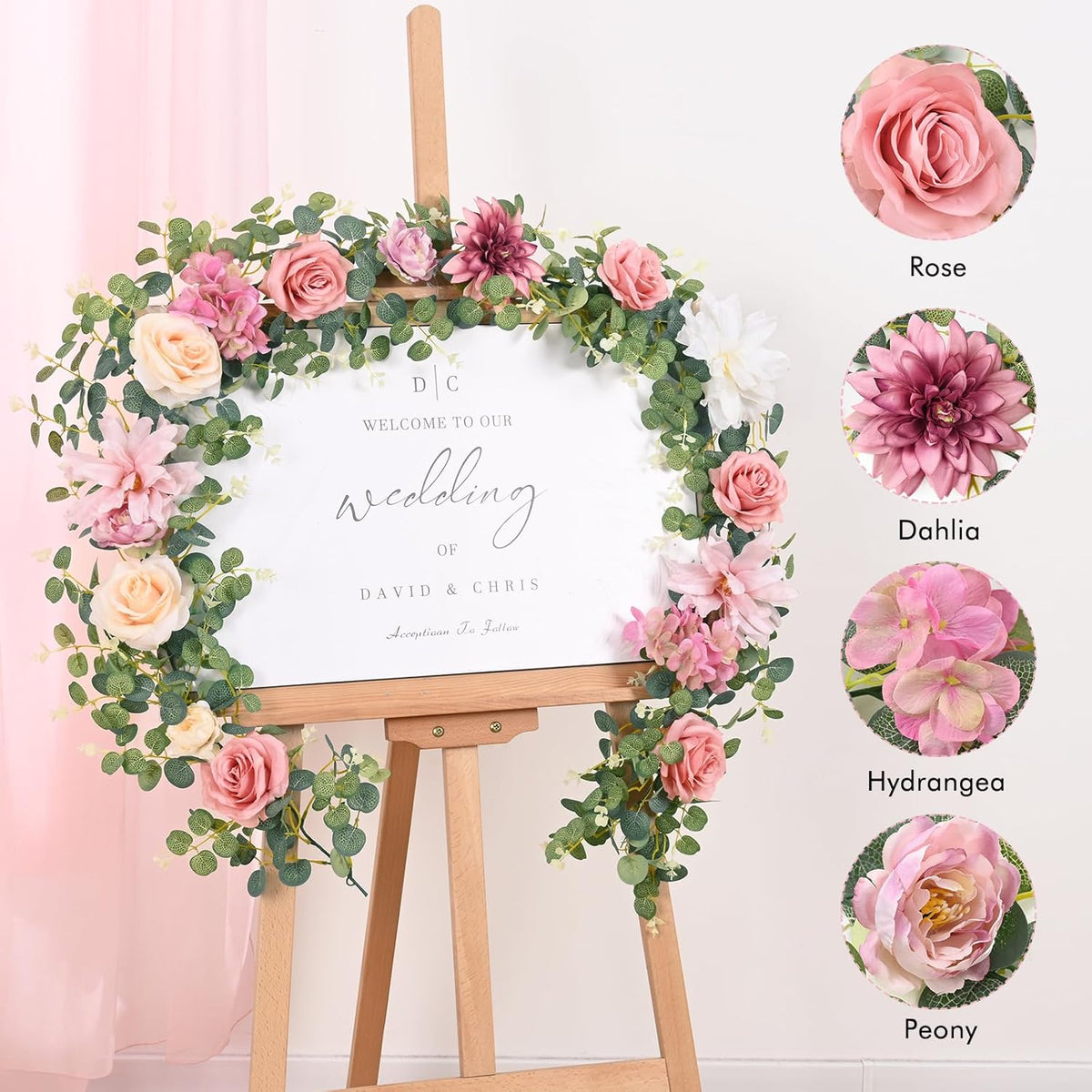 Waipfaru Artificial Flower Garland with Lights, 6.07Ft Lighted Eucalyptus Greenery Garland, Pink