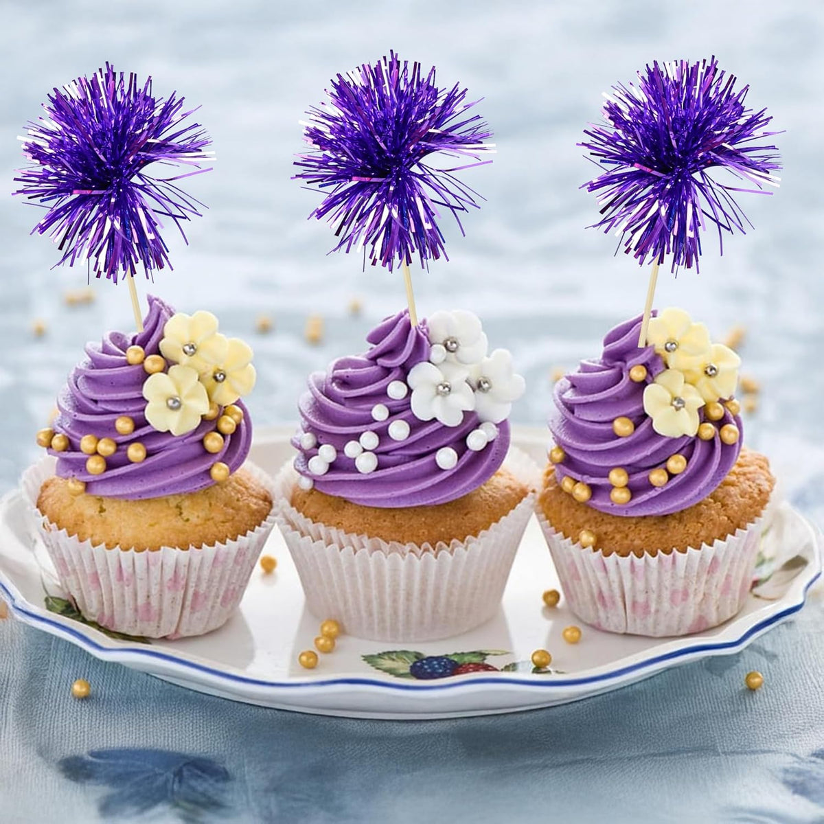Ephlyn 30Pcs Foil Firework Cupcake Toppers Party Birthday Cake Toppers Supplies Sparkle Tinsel