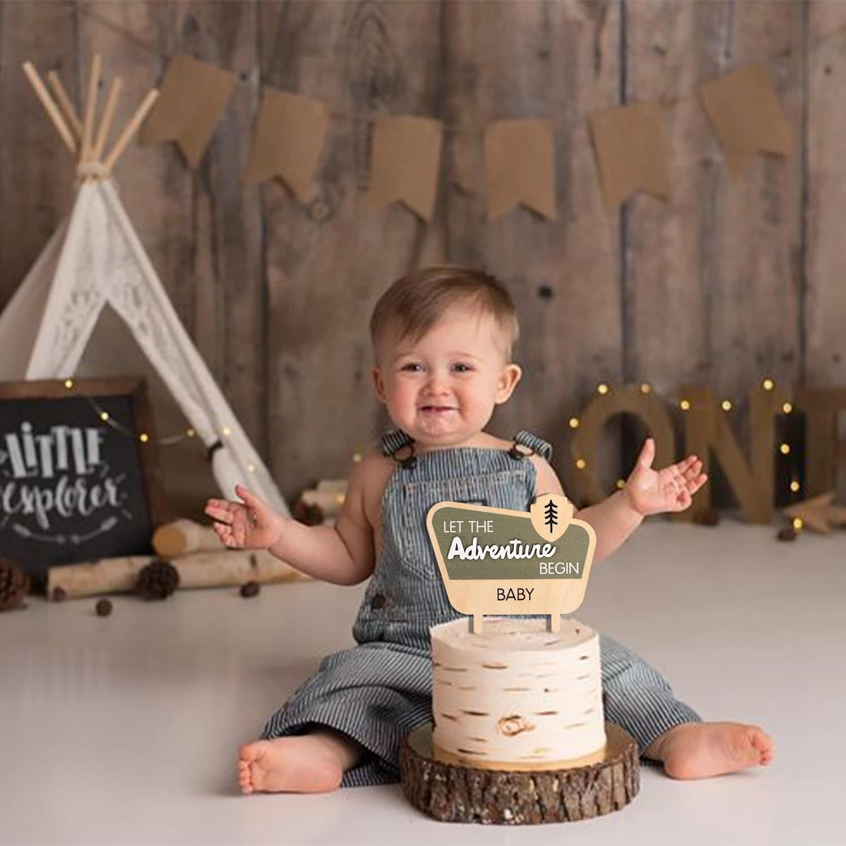 Let The Adventure Begin Baby Shower Cake Topper - Happy Camper Wooden Cake Topper,Natural Adventure
