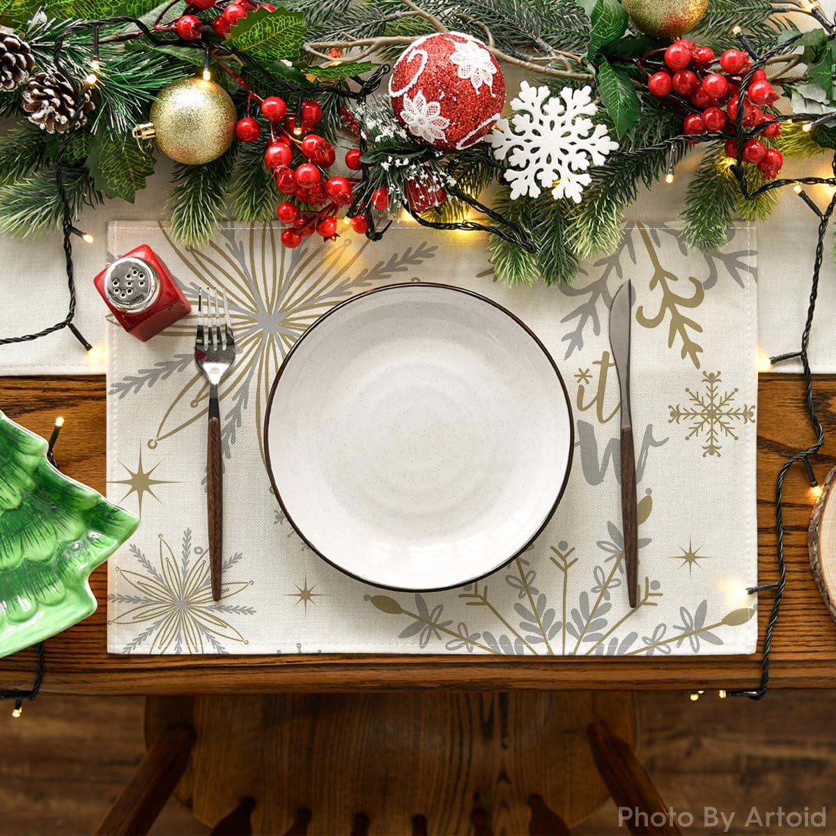 Artoid Mode Beige Snowflake Let It Snow Winter Placemats Set of 4, 12x18 Inch Seasonal Christmas