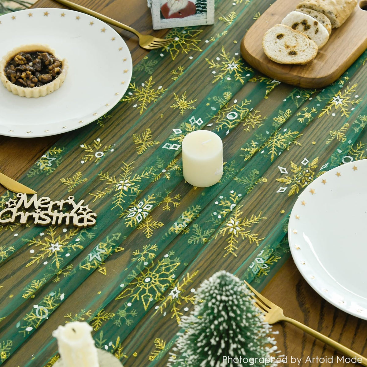 Artoid Mode Green Gold Snowflakes Christmas Gauze Table Runner 120 Inch 10FT, Winter Seasonal Sheer
