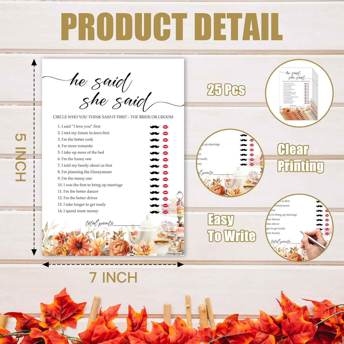Fall Bridal Shower Games Cards, He Said She Said Wedding Bachelorette Party Games, Fall in Love