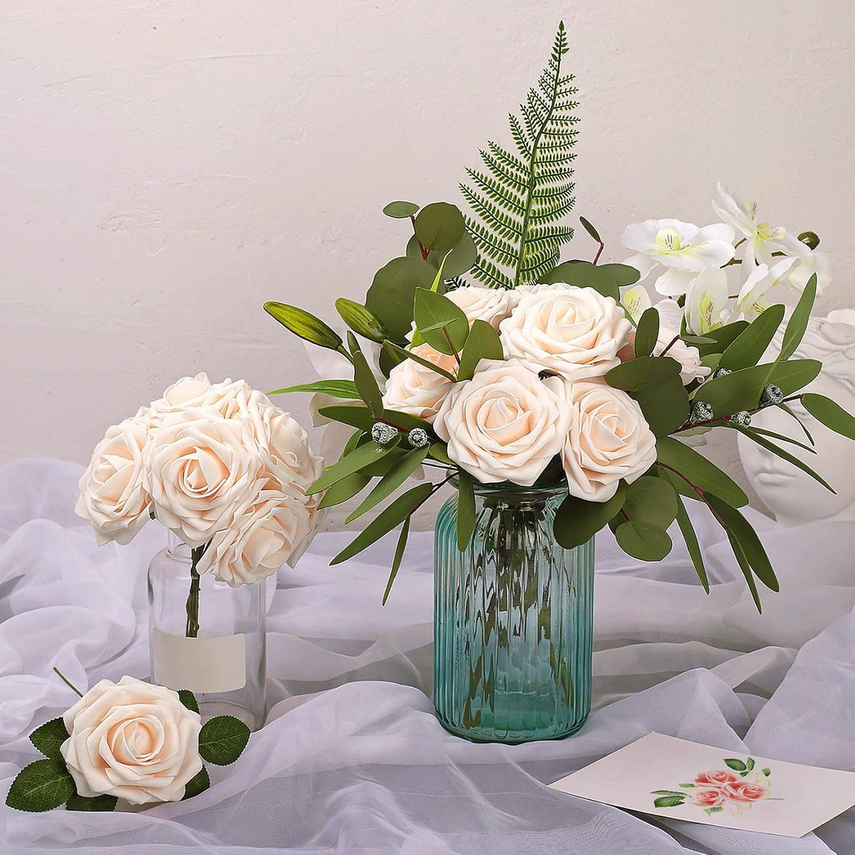 AmyHomie Artificial Flower Champagne Rose 25pcs Real Looking Fake Roses w/Stem for DIY Wedding