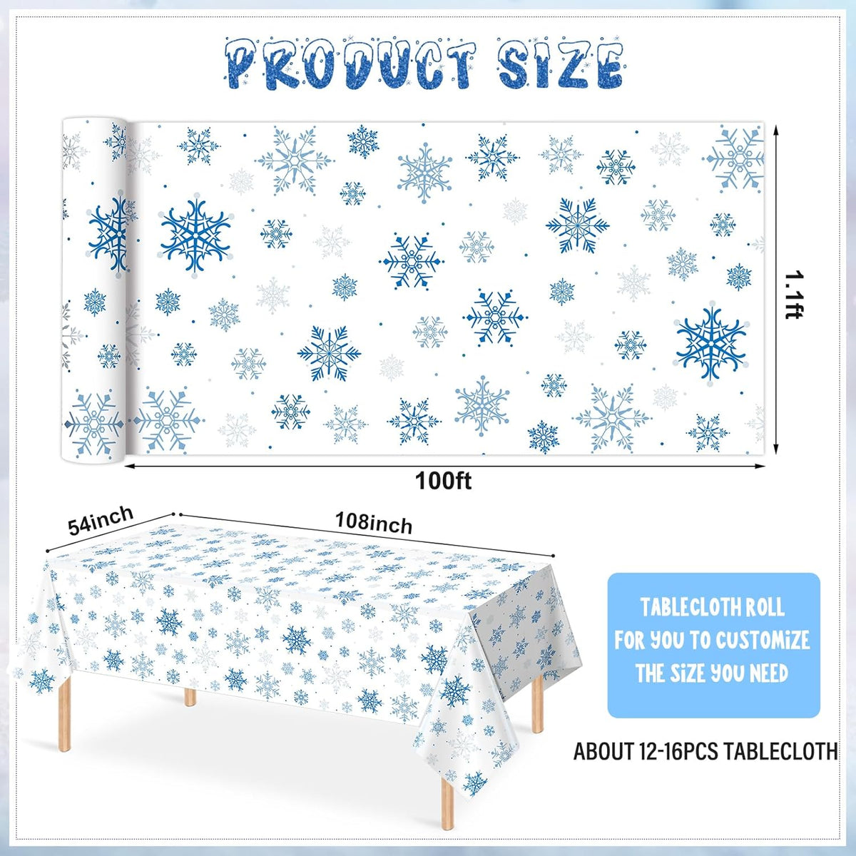 4.5x100 Feet Roll of Christmas Plastic Tablecloth Decorations,Disposable White Snowflake Blue Xmas