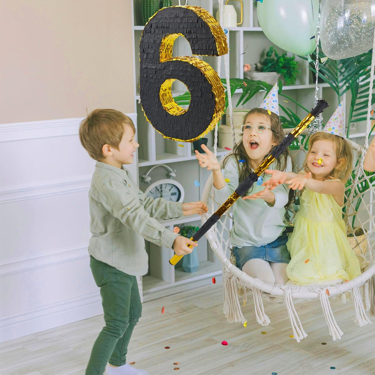 PCFING 20 Inch Number 6 Piñata Gold Black with 30 Inch Piñata Stick Blindfold Confetti for Man