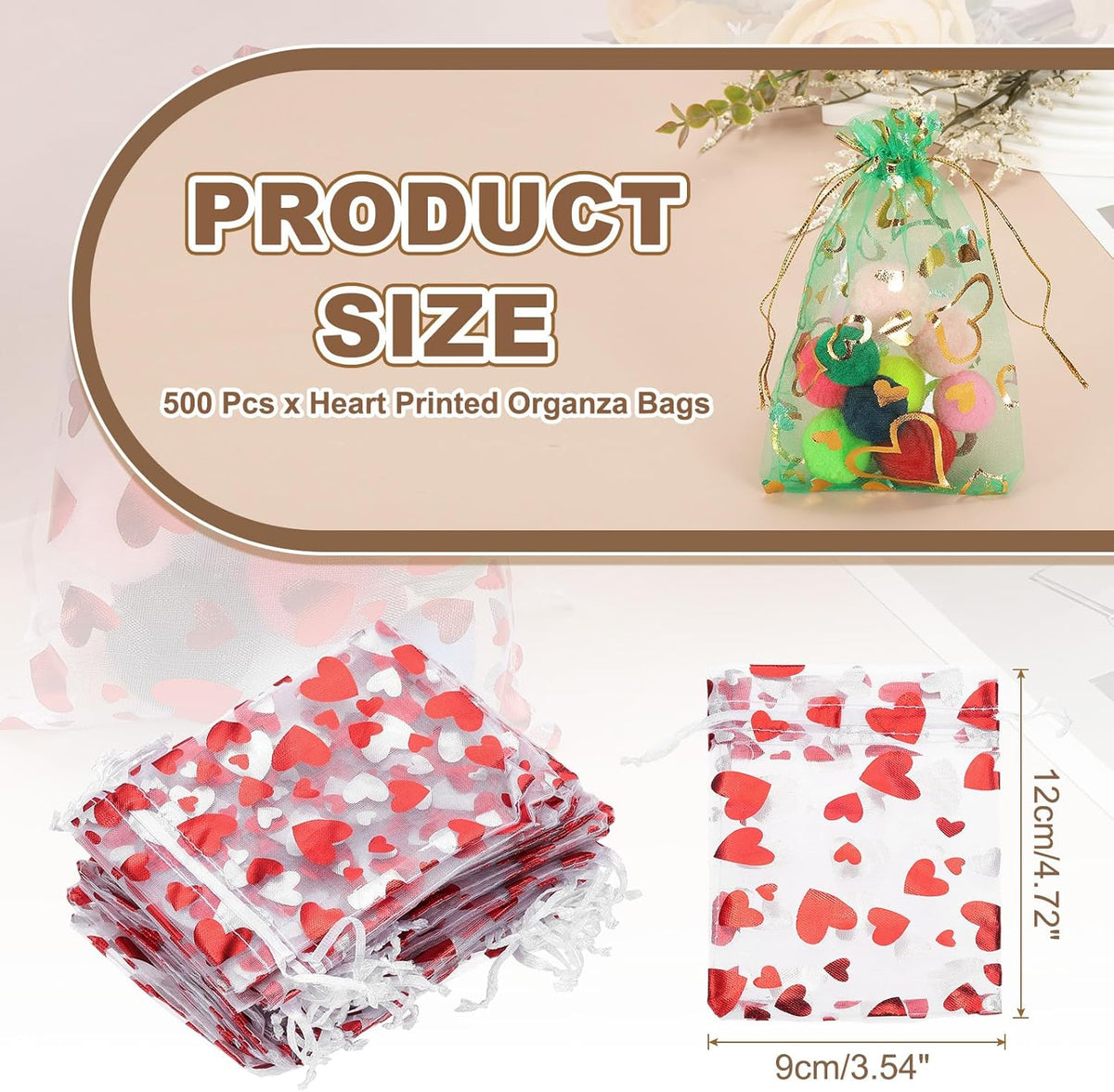 PATIKIL 50 Pcs 4x5 Inch Heart Printed Organza Bags, Red Sheer Heart Organza Bags with Drawstring
