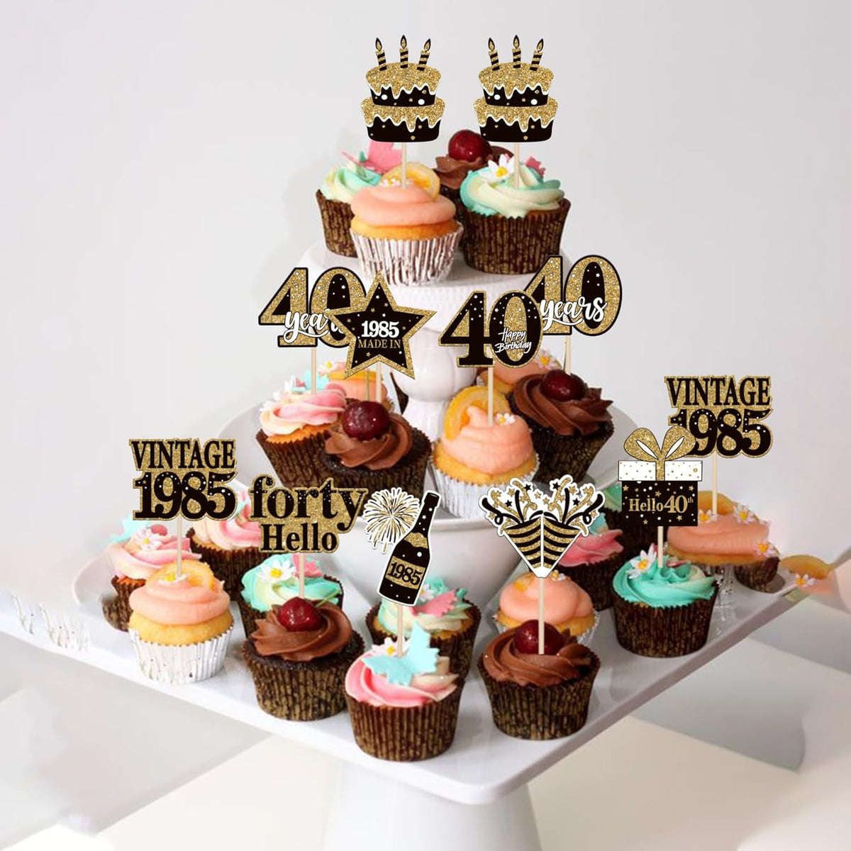 36PCS Happy 40th Birthday Cupcake Toppers Double Sided Black Gold Forty Hello 40 Vintage 1985