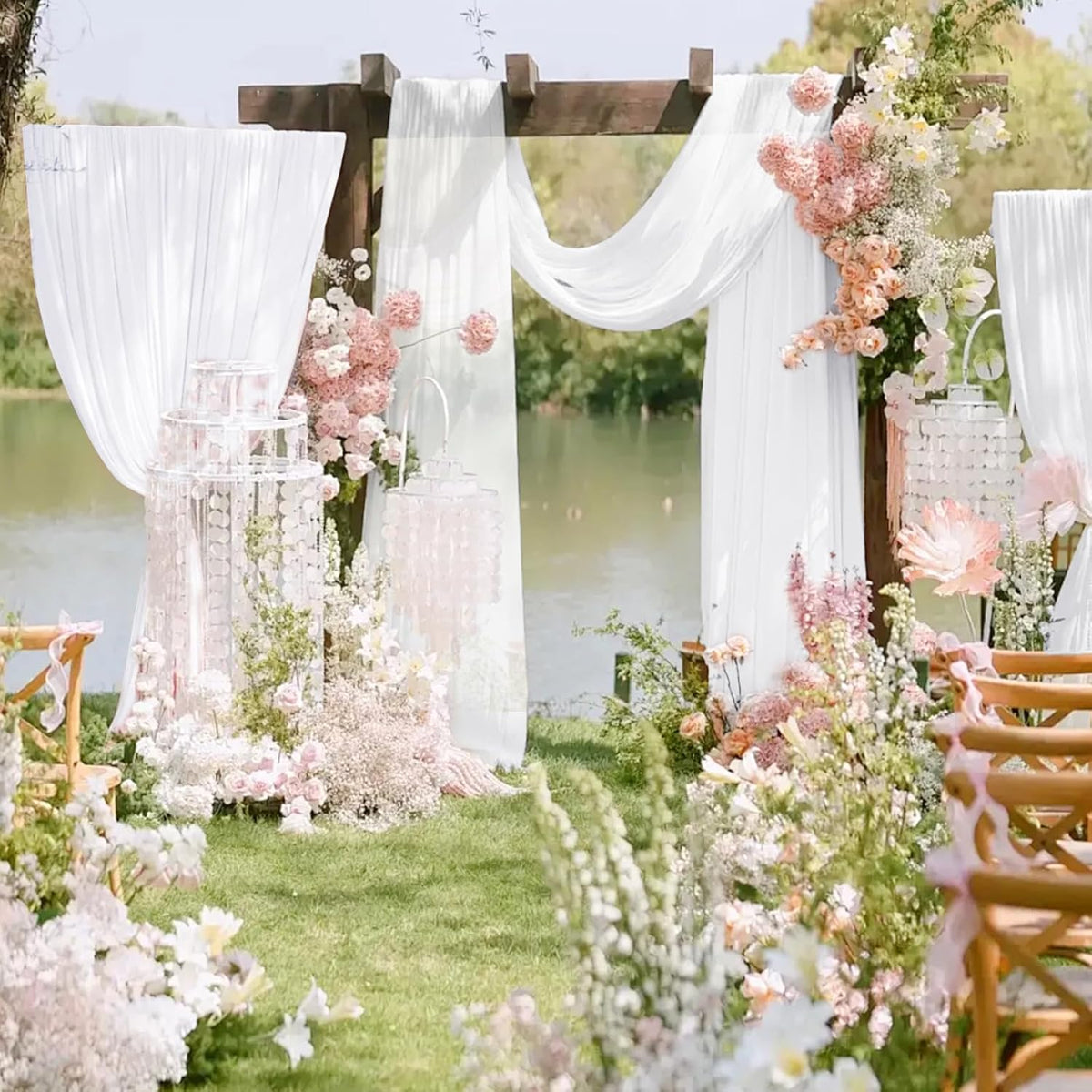 VOK White Wedding Arch Draping Fabric Chiffon Fabric, 29in x 18Ft 2 Panels Sheer Chiffon Outdoor