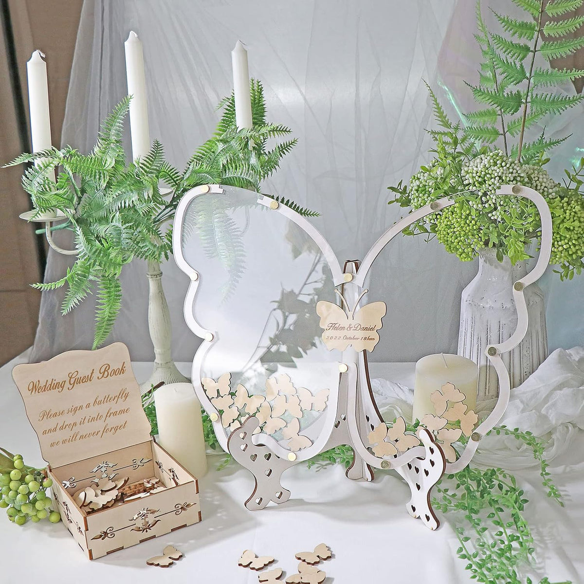 14Colors Butterfly Guest Book Alternativey for 40 Guests to 200 Guests,Rustic Drop Wooden Signs for