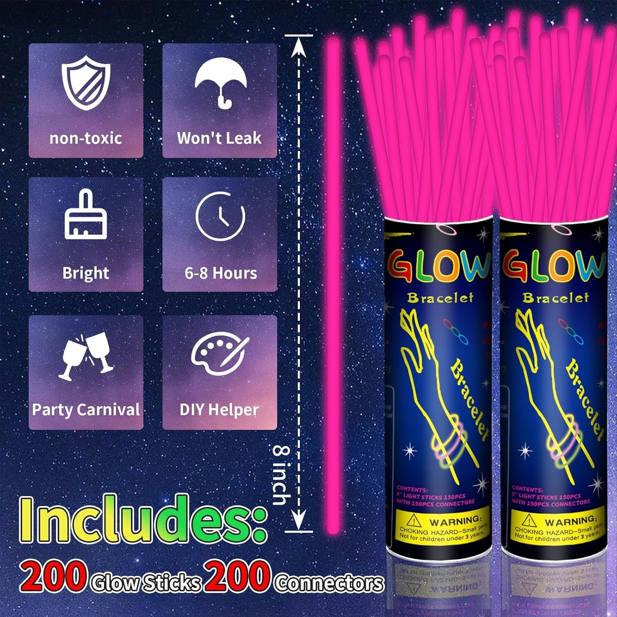 200 Pack 8'' Glow Sticks Bulk Party Favors Pink Light Up Sticks with Connectors Neon Glow in the