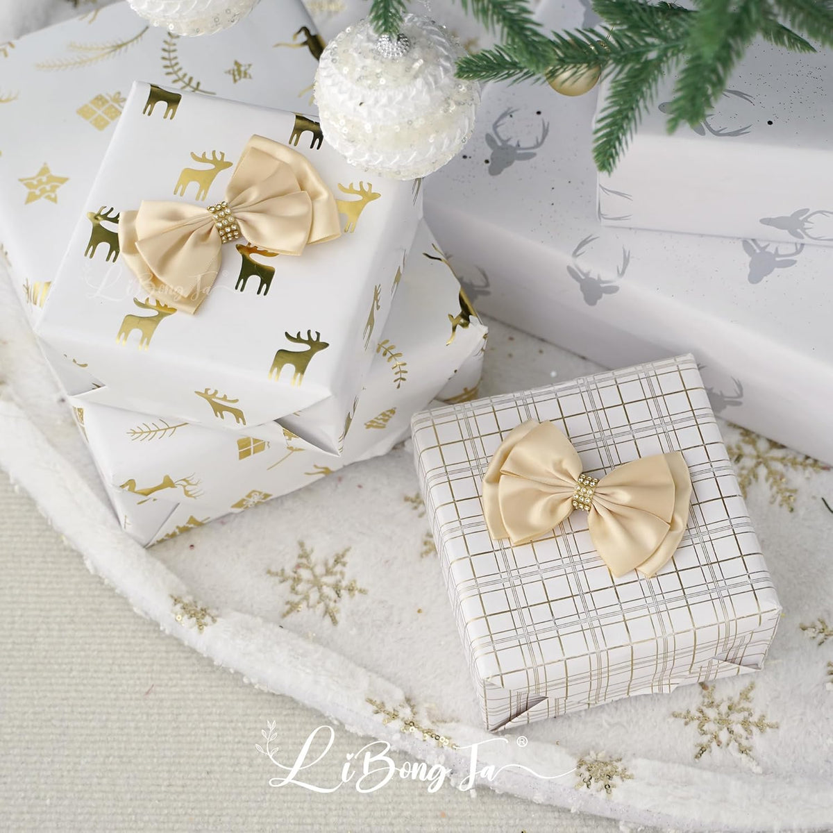 Champagne Gold Ribbon Bow 4'' Premade Satin Bows, Gift Bows with Rhinestone, Wrapping Bow for