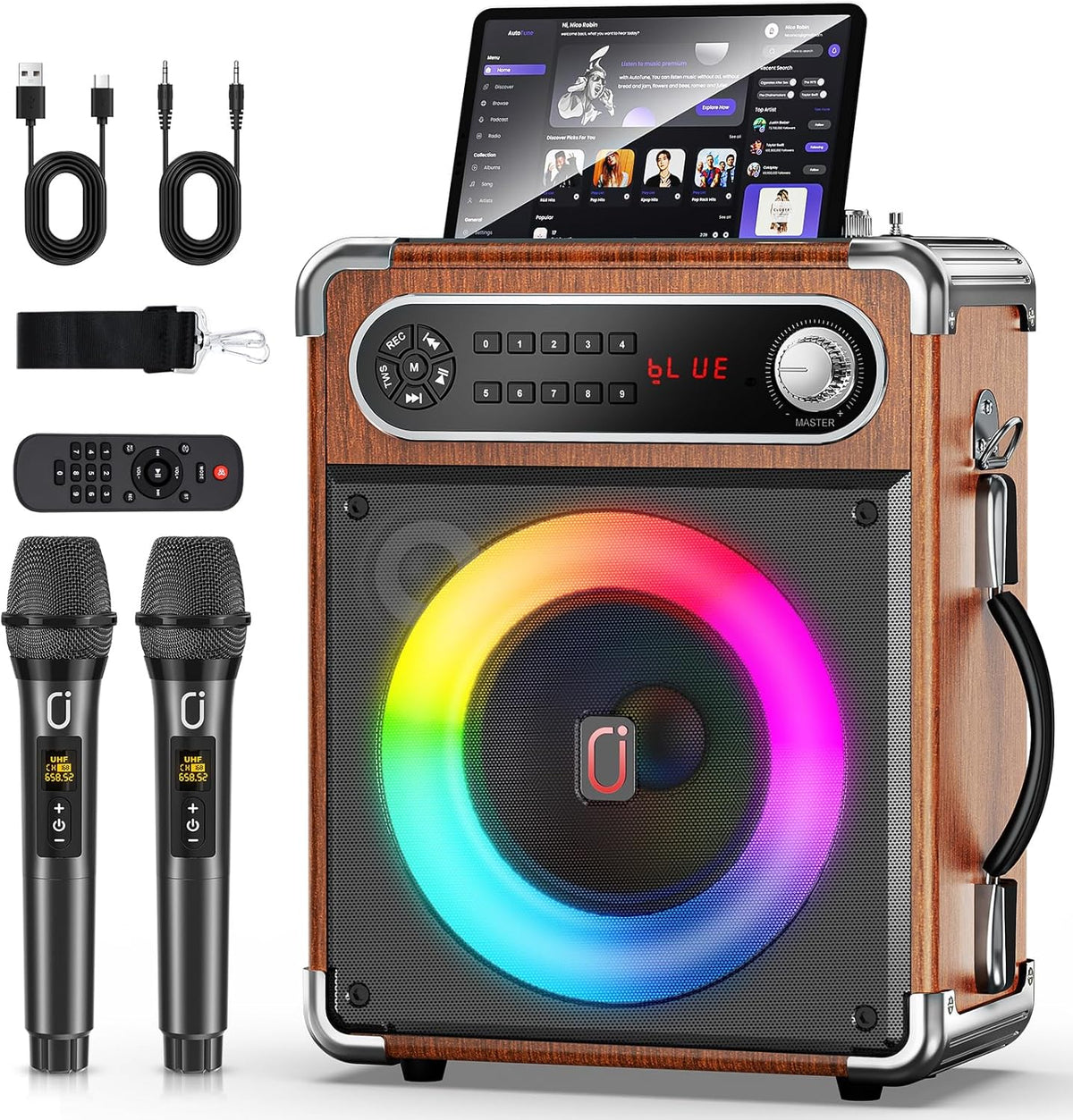 Karaoke Machine with 2 Wireless Microphones,【Upgraded 6.5"Woofer & 2"Tweeter】Portable Bluetooth 5.3