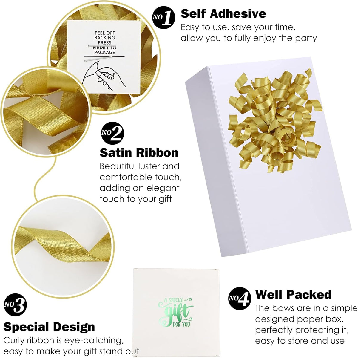 5 Inch Gold Bows Curly Ribbon Bows for Gift Wrapping, Satin Bows with Double-Sided Tape, Self