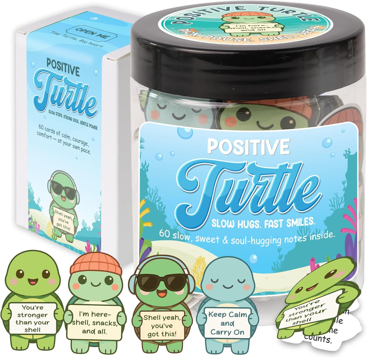 Positive Turtle Jar – 60 Funny Emotional Support Affirmation Cards, Sea Turtle Gifts for Women